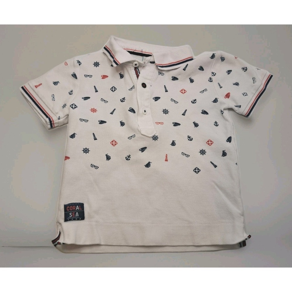 Boboli‎ Coral Sea Boys 5 Polo Shirt Preppy Beach Coastal Red White Blue
